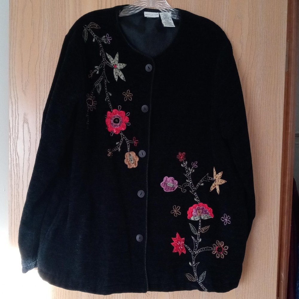 Embroidered Black Floral Sweater Coat Jacket Large